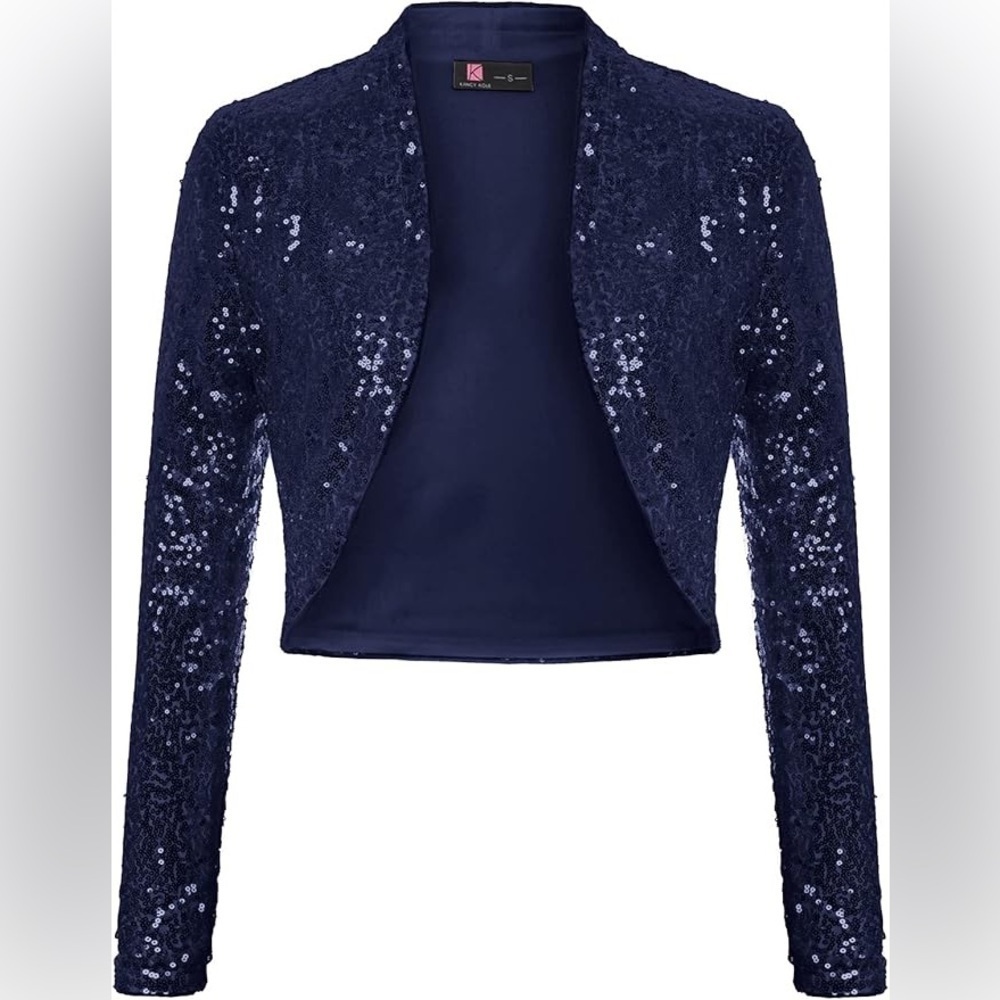 KANCY KOLE Women's Sequin Shrug Long Sleeve Open Front Cropped Bolero Jacket. - Picture 2 of 6